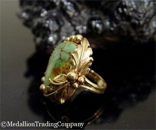 14k Royston Green Turquoise Squash Blossom Bracelet Pendant Ring Earrings Set