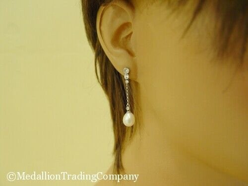 14k White Gold Tear Drop Pearl 6mm .40 Carat Bezel Diamond Line Drop Earrings