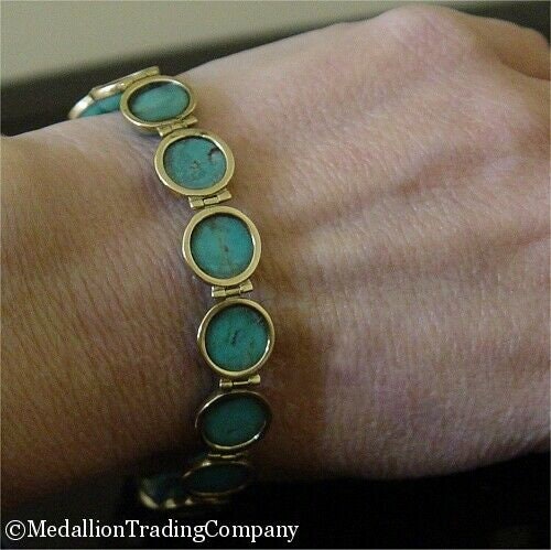 14k Yellow Gold Blue Web Turquoise Cabochon Link Bracelet Toggle Clasp 7.5 Inch