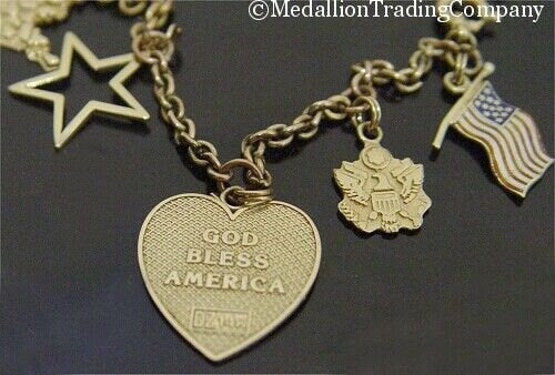 14k Yellow gold Patriotic USA Trump American Flag Heart Star Charm Bracelet 7"