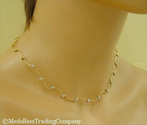 14k Yellow Gold .44 Carat Station Diamond Wave Line Bar Tennis Necklace 17.5 in