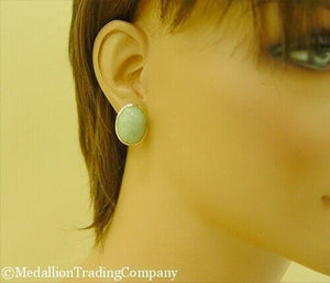 Classic 14k Yellow Gold Green & White Mottled Jade Omega Back Earrings 9.25 gram