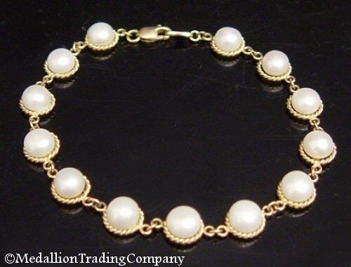 14k Yellow Gold 6mm White Button Pearl Rope Bezel Link Tennnis Bracelet 7.5 Inch