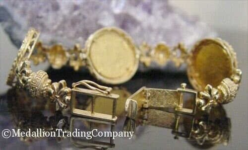 14k 22k Gold 2000 Liberty American Eagle 5 Dollar Coin Greek Key Fleur di Lis Bracelet Designer AE
