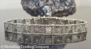 Antique 14k White Gold Diamond Art Deco Filigree Lace Square Panel Bracelet 13gr