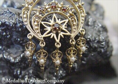 Antique Victorian 14k Double Crescent Moon Star Garnet Seed Pearl Pendant Brooch