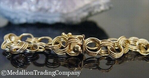 14K Yellow Gold Triple Cable Ring Link Starter Charm Bracelet 8mm 7.5" 11.5 gram