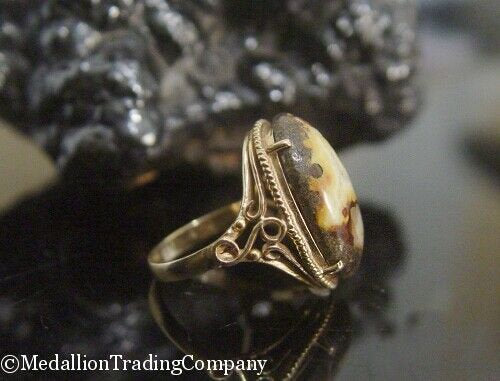 Antique 18k Solid Yellow Gold Crazy Lace Agate Brown Banded Oval Cabochon Ring
