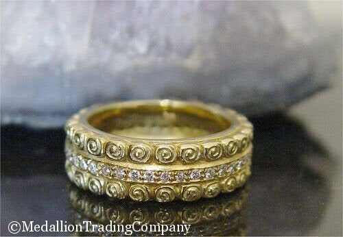 18k Solid Yellow Gold Mini Roses Brushed Band .40 ct Diamond Eternity Ring Size 6.75