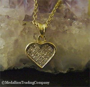 14k  Solid Yellow Gold .42 Carat Invisible Set Princess Diamond Heart Pendant Necklace