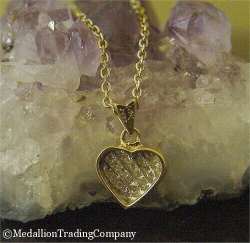 14k  Solid Yellow Gold .42 Carat Invisible Set Princess Diamond Heart Pendant Necklace