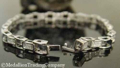 Heavy 14k Solid White Gold 5+ Carat Princess Diamond Rectangle Link Tennis Bracelet 14 grams