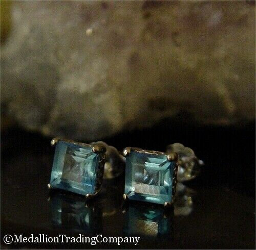 14k Solid White Gold 2 Carat Natural Swiss Blue Topaz Princess Square Solitaire Earrings