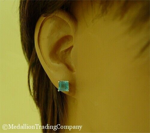 14k Solid White Gold 2 Carat Natural Swiss Blue Topaz Princess Square Solitaire Earrings