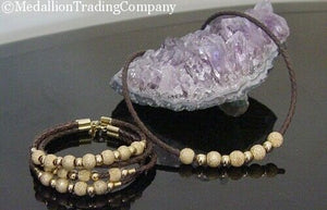 14k Solid Yellow Gold Floating Ball Bead Brown Leather Braid 2 Bracelets +Choker Necklace Set