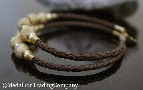 14k Solid Yellow Gold Floating Ball Bead Brown Leather Braid 2 Bracelets +Choker Necklace Set