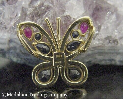 18k Solid Yellow Gold Blue Sapphire Red Ruby Butterfly Multi Gemstone Slide Pendant