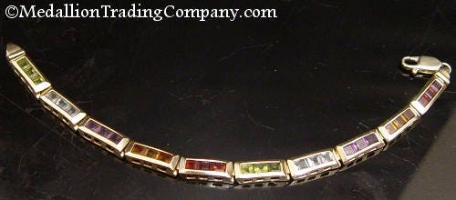 14k Gold Rainbow Multi Color Gemstone Princess Cut Garnet Citrine Topaz Peridot Bracelet