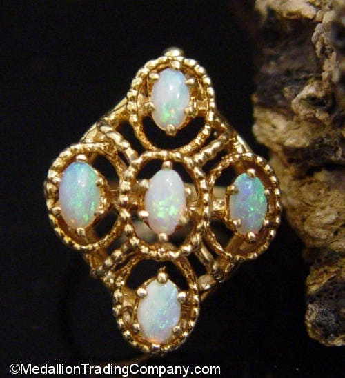 HUGE Antique 14k Yellow Gold Blue Orange Fire Welo Oval Opal Cabochon Cluster Etruscan Ring