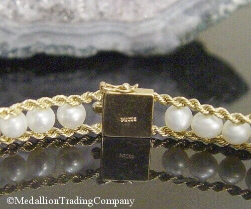 14k Yellow Gold 5mm White Pearl Double Rope Strand Tennis Bracelet 7.5 Inch 11 g