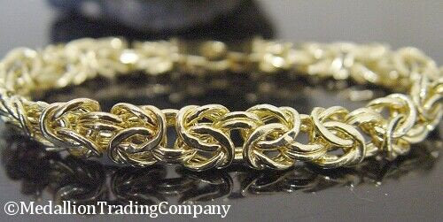 14k Yellow Gold 9mm Hammered Byzantine Knot Dome Bracelet Lobster Clasp 11 gram