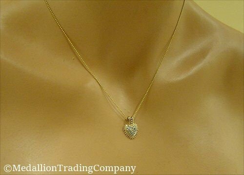 14k  Solid Yellow Gold Milgrain Bead Edge Diamond Heart Pendant 18.25 Inch Ball Chain