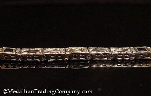 18k White Gold Blue Spinel Diamond Art Deco Filigree Square 5mm Bracelet 7.5"