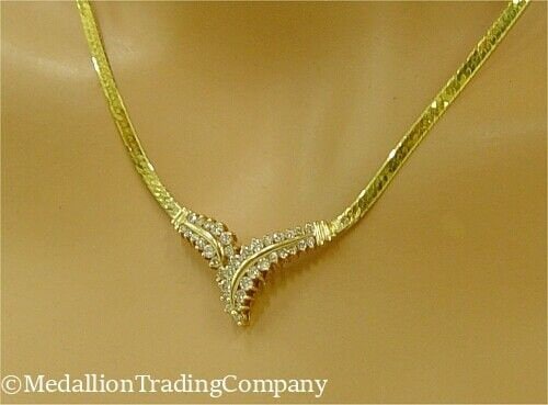14k Gold Diamond Chevron V Drop  3mm Herringbone Chain 18 inch Necklace