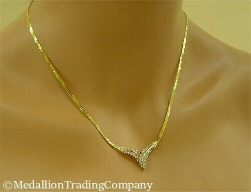 14k Gold Diamond Chevron V Drop  3mm Herringbone Chain 18 inch Necklace