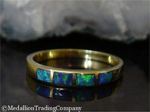 18k Yellow Gold Inlaid Black Blue Green Opal Stack 3mm Band Size 6