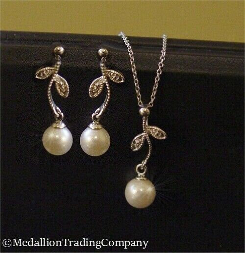 Art Deco Style 14k White Gold 6mm Akoya Pearl Necklace 16" Chain & Earrings Set