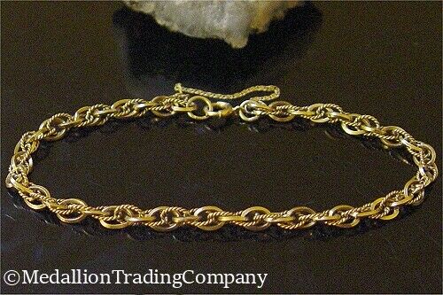 14K Yellow Gold Double Oval Twist Cable Ring Starter Charm Bracelet Safety Chain