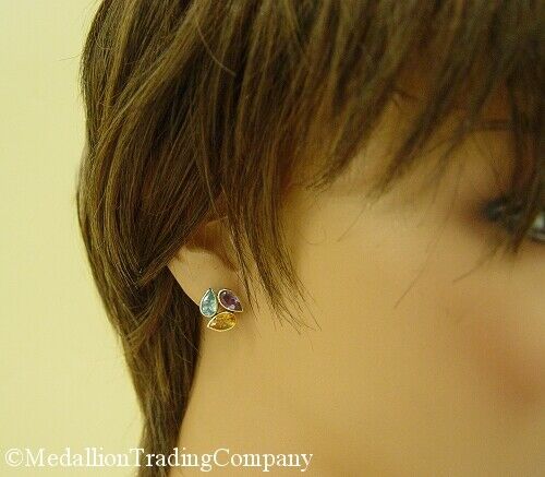 14k Yellow Gold Pear Multi Gemstone Topaz Amethyst Citrine Cluster Earrings