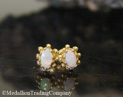 14k Yellow Gold Fire Green Orange White Opal Prong Set Daisy Dot Flower Earrings