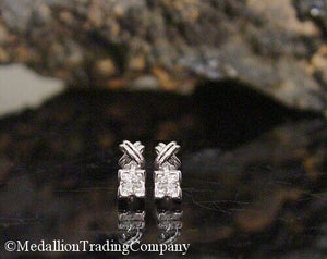 Designer 14k White Gold Invisible Set Princess Diamond X Screw Back 8mm Earrings