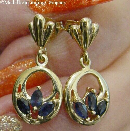 14k Yellow Gold .42 Carat Natural Blue Marquise Sapphire Oval Drop  Earrings