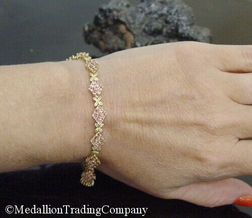 14k Yellow Gold 3.5 Carat Natural Pink Sapphire Cluster Flower Tennis Bracelet