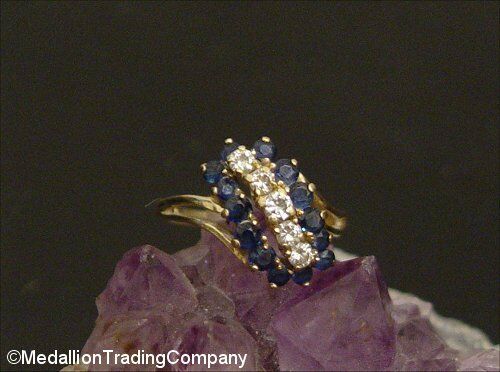 LARGE 14k Yellow Gold Blue Sapphire Diamond Cluster Waterfall Caterpillar Ring