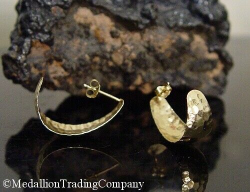 14k Solid Yellow Gold 10.5mm Wide Oblong Hammered Hoops 1.1 inch Long