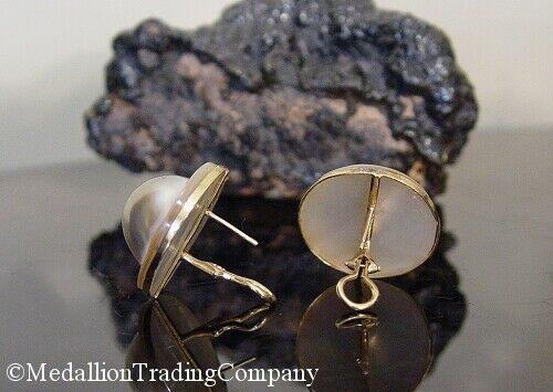14k Yellow Gold 25mm Silver Gray Blister Mabe Pearl French Back Omega Earrings
