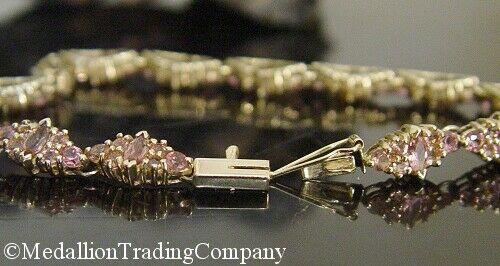 14k Yellow Gold 5.25 Carat Natural Pink Sapphire Cluster Tennis Bracelet 7.5"