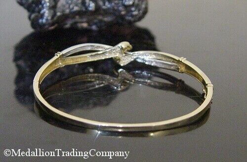 10K White Yellow & Gold .37 carat Baguette Diamond Hinged Knot Bangle Bracelet