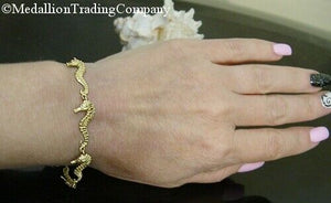 10k Yellow Gold Diamond Cut BIG Seahorse Link Beach/Ocean Bracelet 7 inch