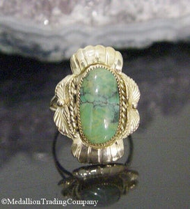 14k Yellow Gold Royston Green Turquoise Squash Blossom Ring Size 6