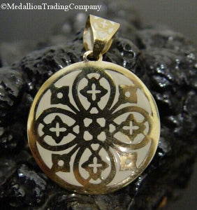 14k Yellow Gold Enamel Filigree Circle Byzantine Cross Disk Pendant Milor
