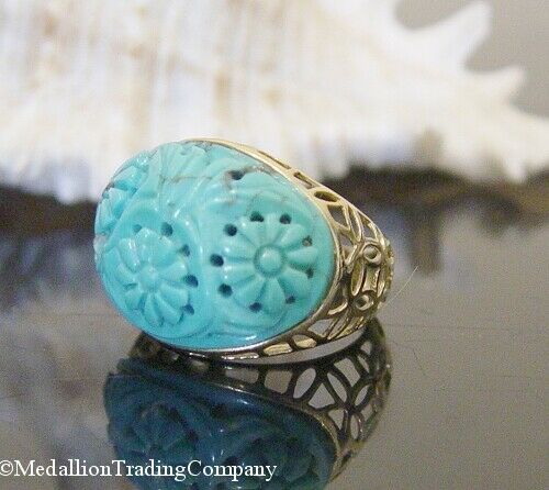 14k Yellow Gold Robins Egg Blue Carved Turquoise Floral Dome Ring Size 7 Band