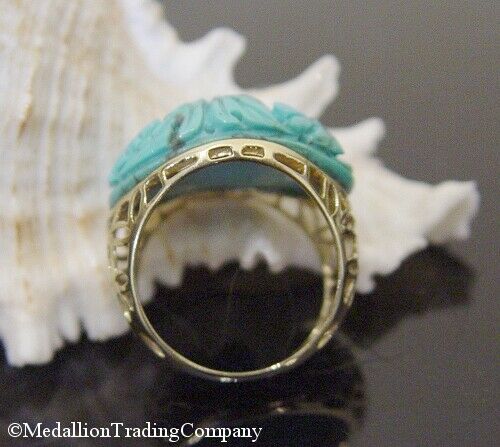 14k Yellow Gold Robins Egg Blue Carved Turquoise Floral Dome Ring Size 7 Band