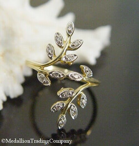 14k Yellow Gold Diamond Vine Leaf 1 Inch Wide Bypass Wrap Ring size 7