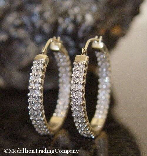14k Yellow Gold 1.12 Carat Diamond Inside Out Double Row Hoops 1 Inch Earrings