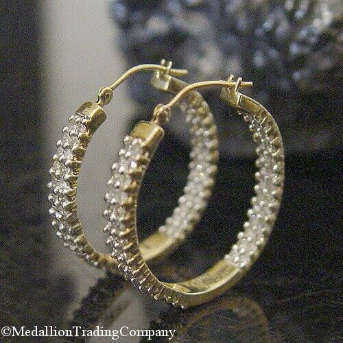 14k Yellow Gold 1.12 Carat Diamond Inside Out Double Row Hoops 1 Inch Earrings